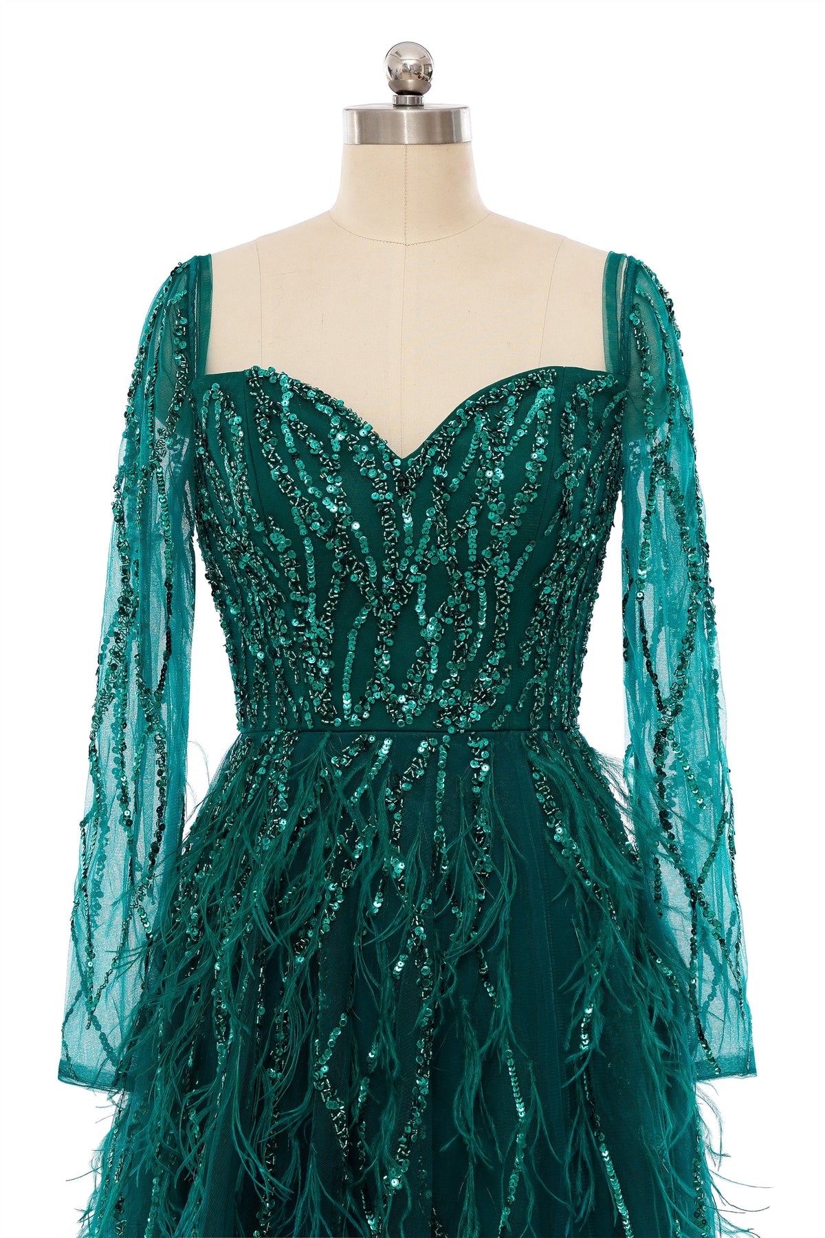 A-Line Sweetheart Sequined Tulle Floor-length Long Sleeve Open Back Beading Elegant Prom Dress