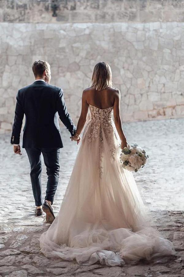 A-Line Sweetheart Sleeveless Sweep Train Tulle Wedding Dress (ZD16370)