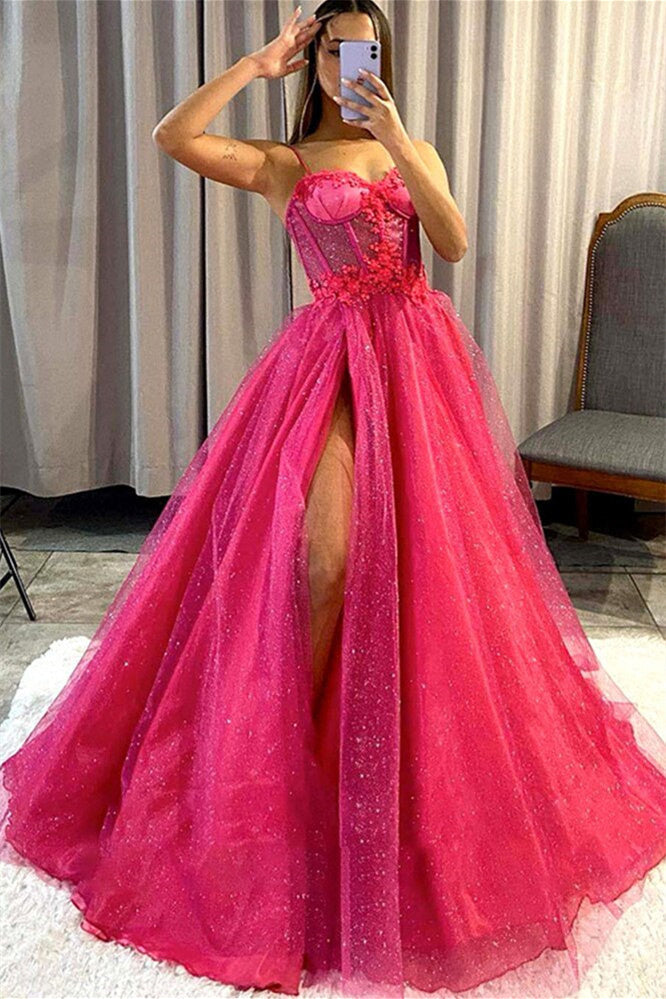 A-Line Sweetheart Spaghetti strap Sequined Appliques Lace Sleeveless Floor-Length Prom Dress