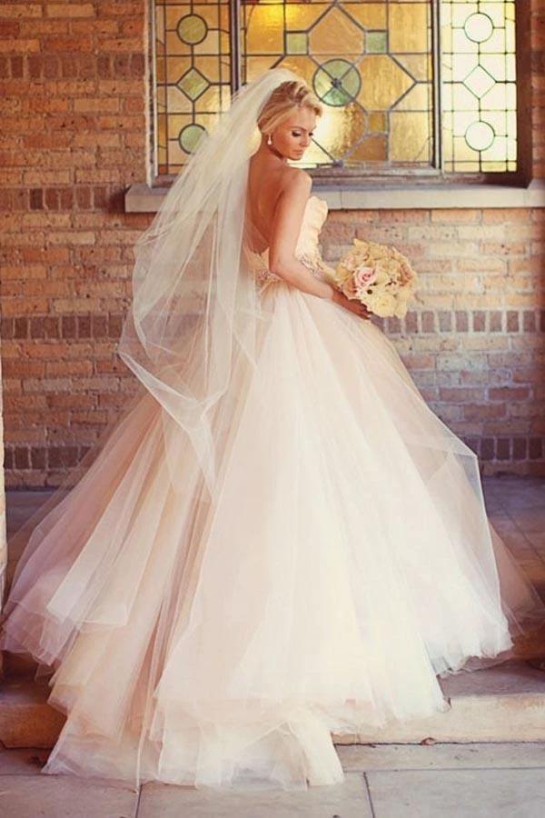 A-line Sweetheart Strapless Pink Long Tulle Wedding Dress (ZD15486)
