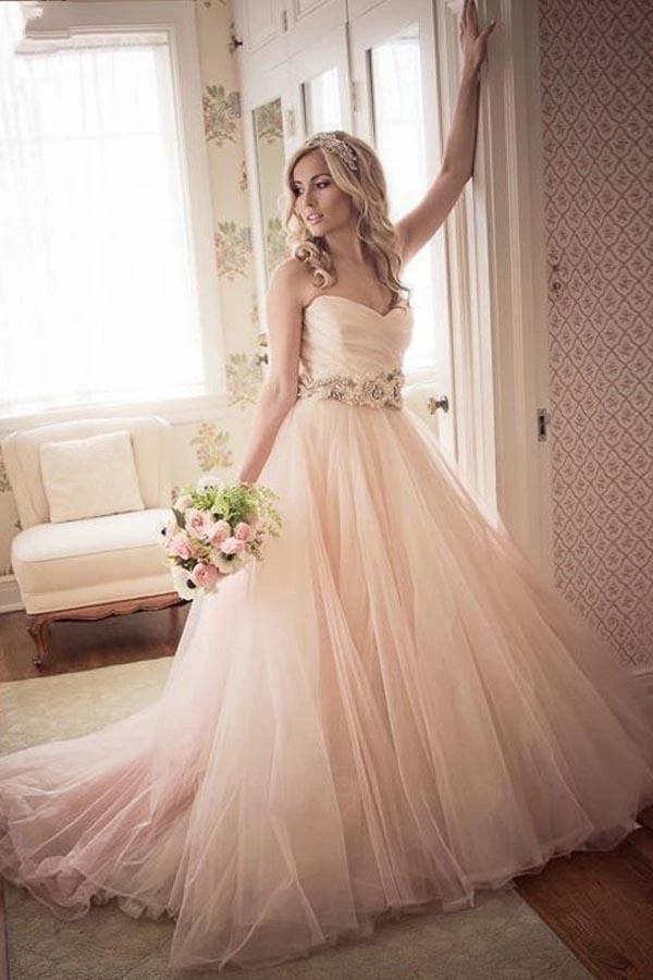 A-line Sweetheart Strapless Pink Long Tulle Wedding Dress (ZD15486)