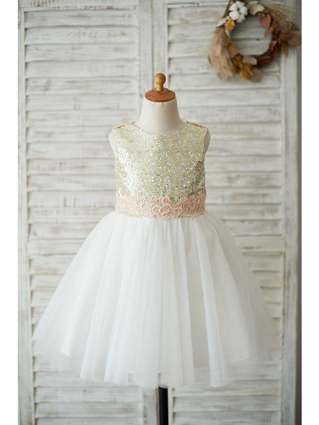 A-Line Tulle Sequined Sleeveless Jewel Neck Wedding Birthday Pageant Flower Girl Dresses - View 4 | VelvetHem