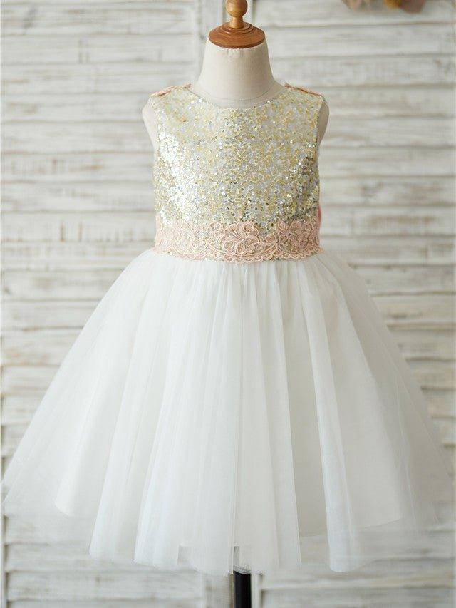 A-Line Tulle Sequined Sleeveless Jewel Neck Wedding Birthday Pageant Flower Girl Dresses - VelvetHem