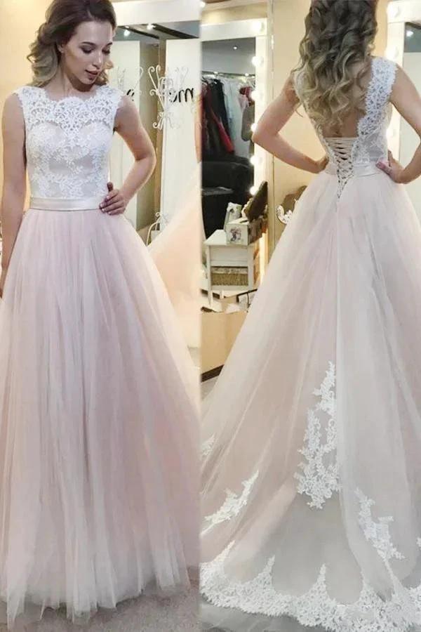 A-line Tulle Sweep Train Wedding Dress With Lace Applique (ZD15484) - View 2 | VelvetHem