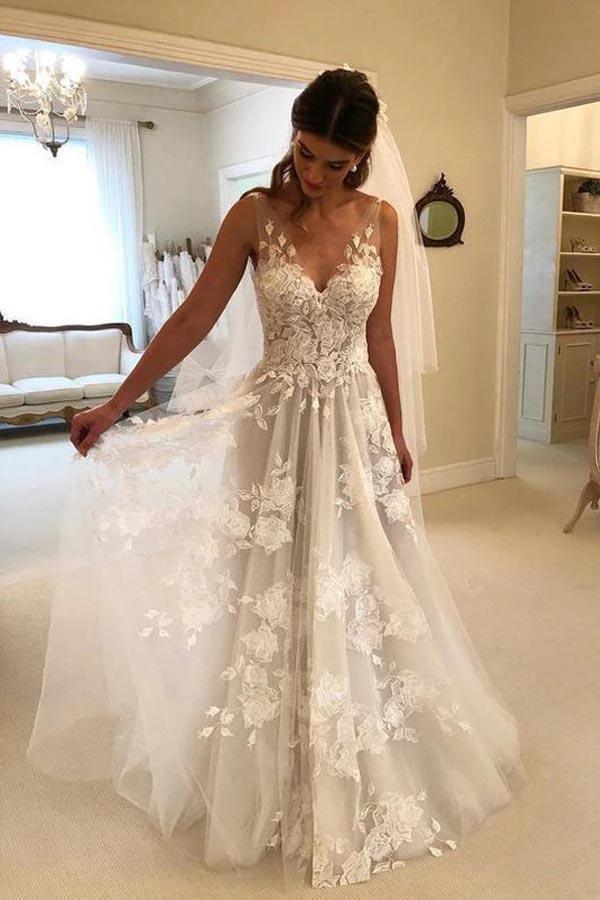A-Line V-neck Backless Sweep Train Wedding Dress with Appliques (ZD16366)