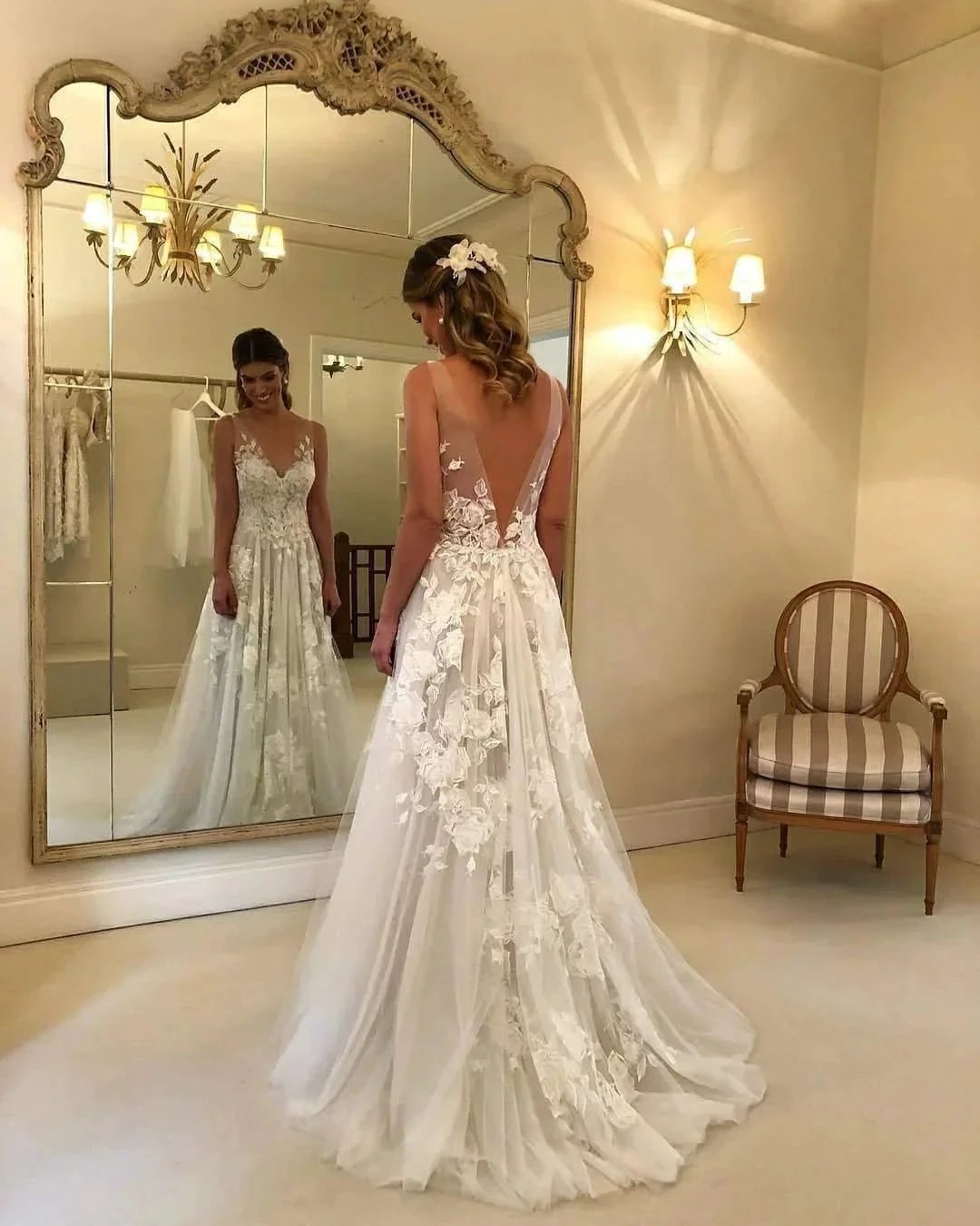 A-Line V-neck Backless Sweep Train Wedding Dress with Appliques (ZD16366)