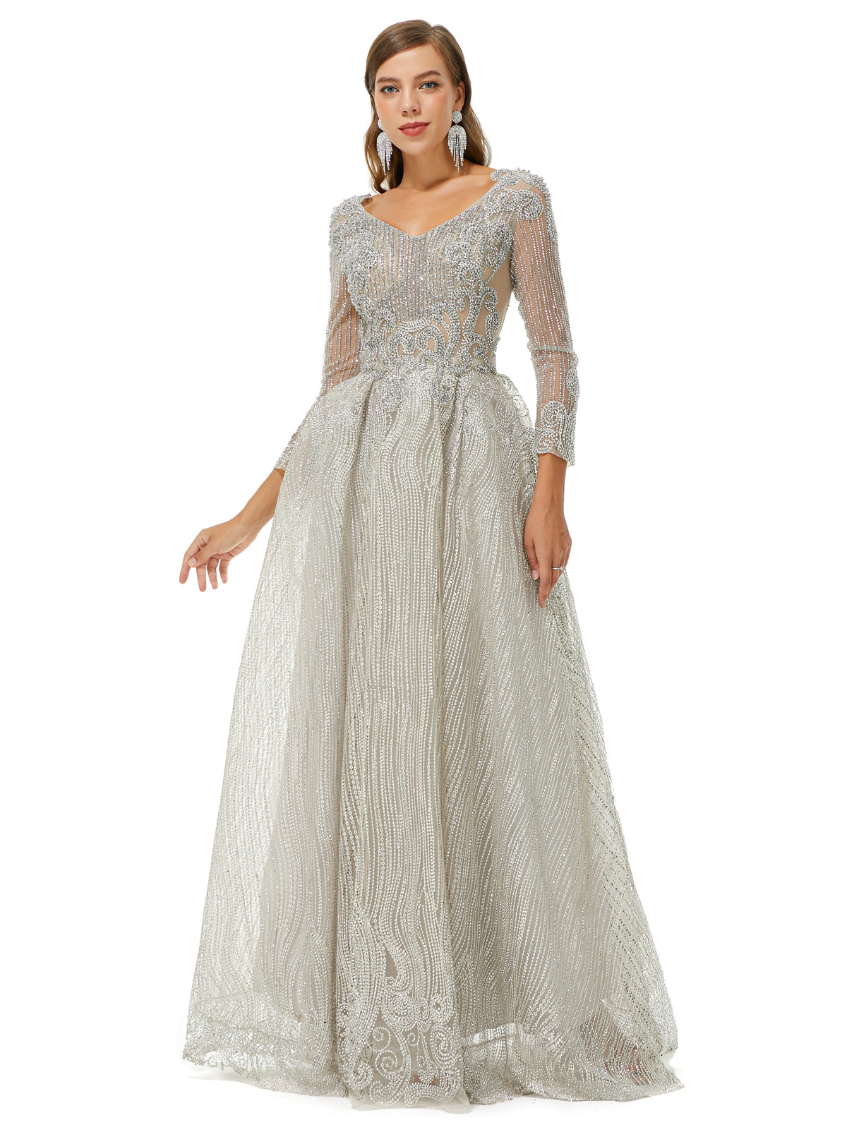 A-line V-neck Beading Floor-length Long Sleeve Open Back Lace Prom Dress