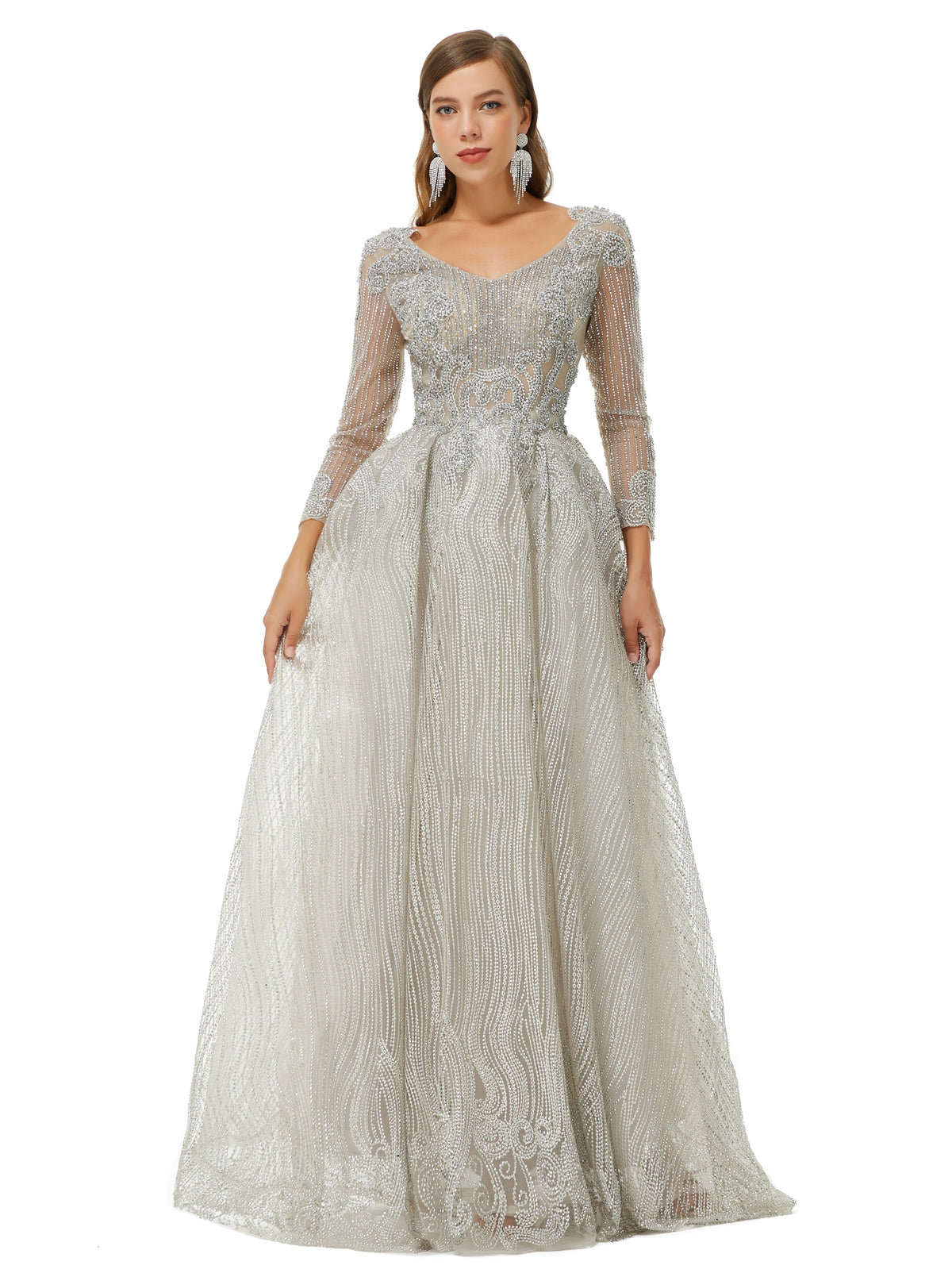 A-line V-neck Beading Floor-length Long Sleeve Open Back Lace Prom Dress