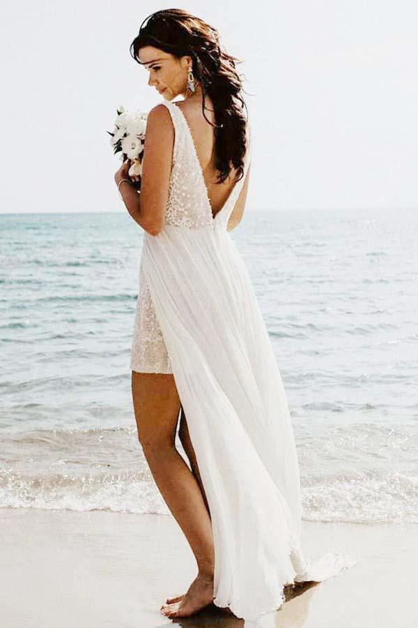 A-Line V-Neck Detachable Train Long Beach Wedding/Bridal Dress (ZD16063)