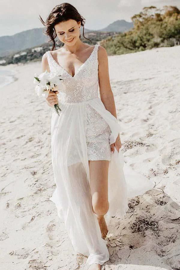 A-Line V-Neck Detachable Train Long Beach Wedding/Bridal Dress (ZD16063)