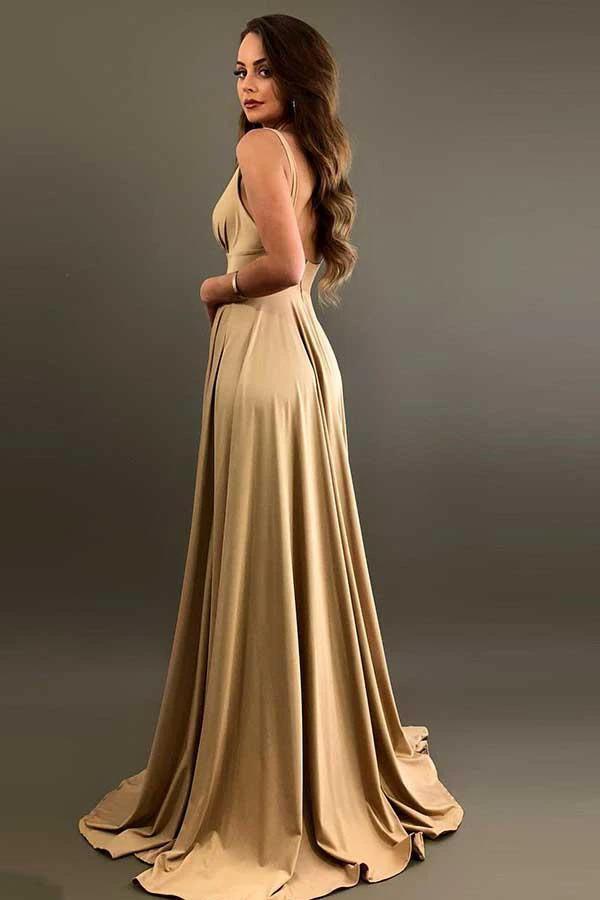 A-Line V-Neck Elastic Satin Bridesmaid Dress with Split (ZD13232)