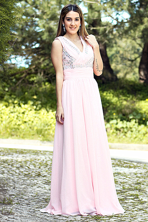 A-Line V-Neck Floor-Length Chiffon Rhinestone Backless Prom Dress