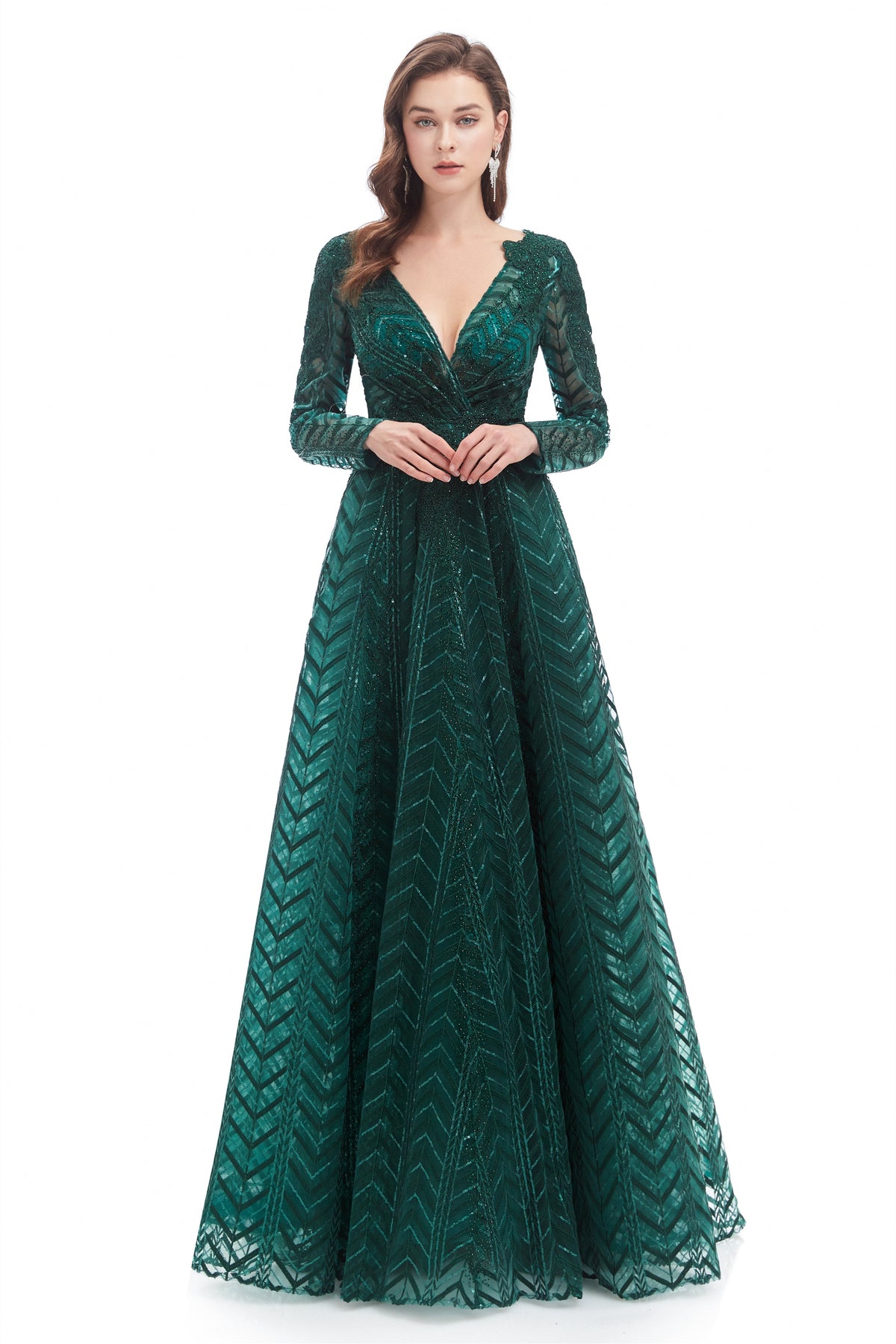 A-Line V-Neck Floor-Length Long Sleeve Lace Sequined Prom Dress