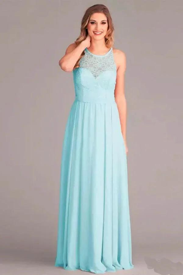 A-Line V-Neck Floor-Length Mint Chiffon Bridesmaid Dress with Lace BD052 by pgmdress
