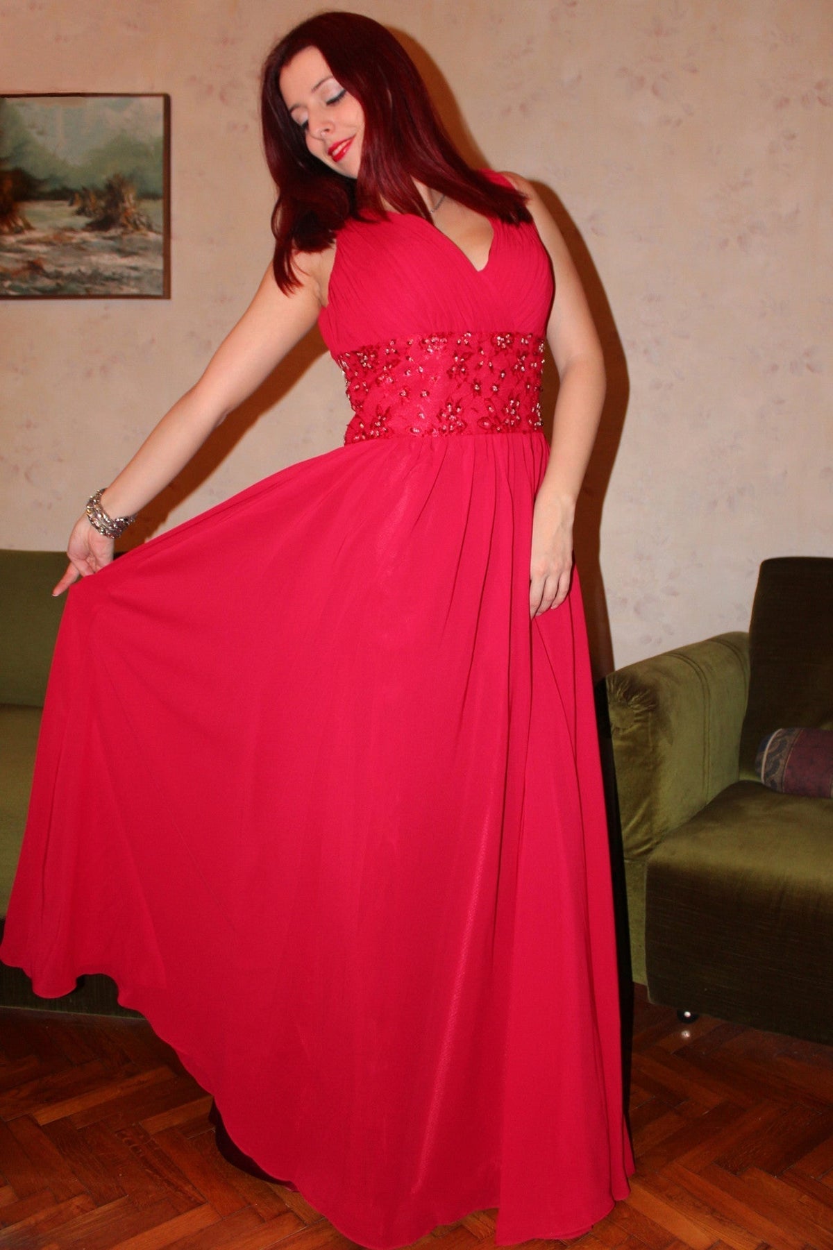 A-line V-neck Floor Length Sleeveless Chiffon Beaded Evening Dress