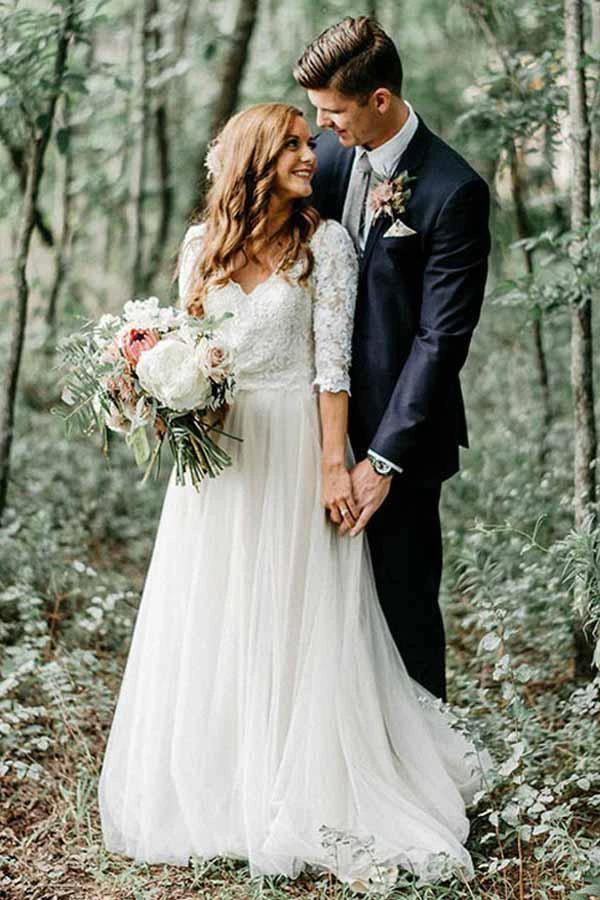 A-Line V-Neck Half Sleeves Backless Tulle Wedding Dress with Appliques (ZD15359)