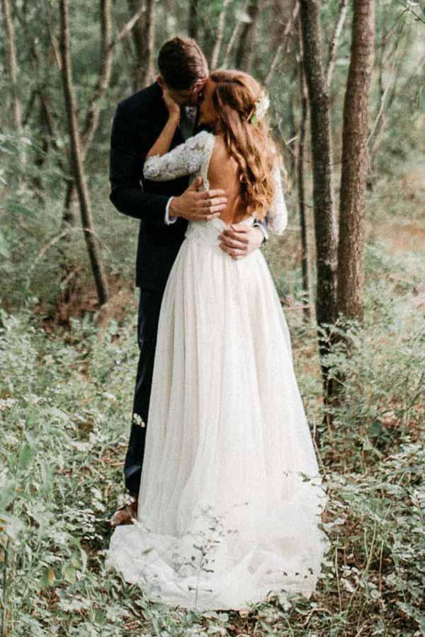 A-Line V-Neck Half Sleeves Backless Tulle Wedding Dress with Appliques (ZD15359)