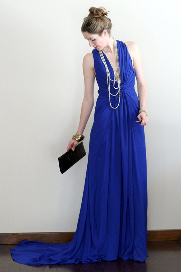 A-Line V-Neck Halter Floor-Length Crossed Back Chiffon Evening Dress