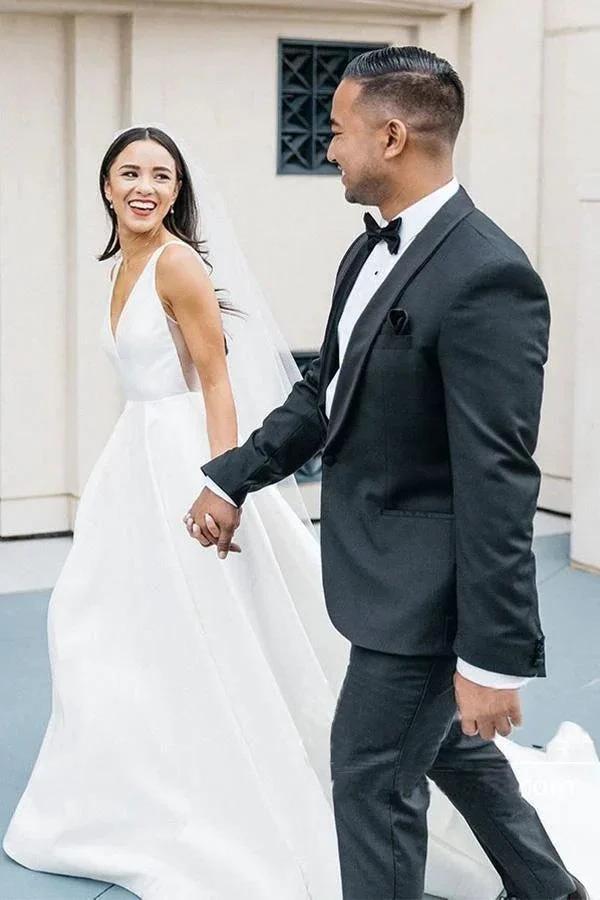 A-line V Neck Ivory Satin Simple Elegant Wedding Dresses (ZD15292)