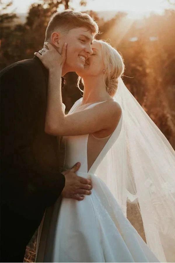 A-line V Neck Ivory Satin Simple Elegant Wedding Dresses (ZD15292)