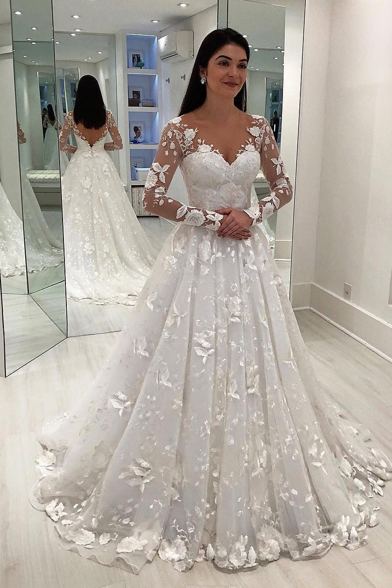 A-Line V-Neck Long Sleeve Floor-Length Chapel Tulle Crochet Flower Wedding Dress