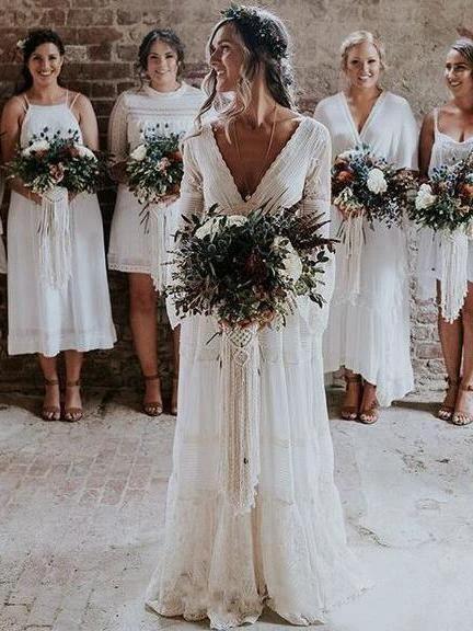 A-line V neck Long Sleeve Wedding Dress Rustic Boho Wedding Dress (ZD16296)