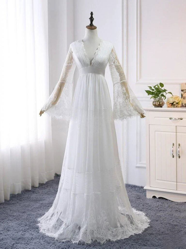A-line V neck Long Sleeve Wedding Dress Rustic Boho Wedding Dress (ZD16296)