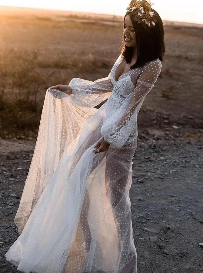 A-Line V-Neck Long Sleeves Beach Wedding Dress with Appliques (ZD16015)