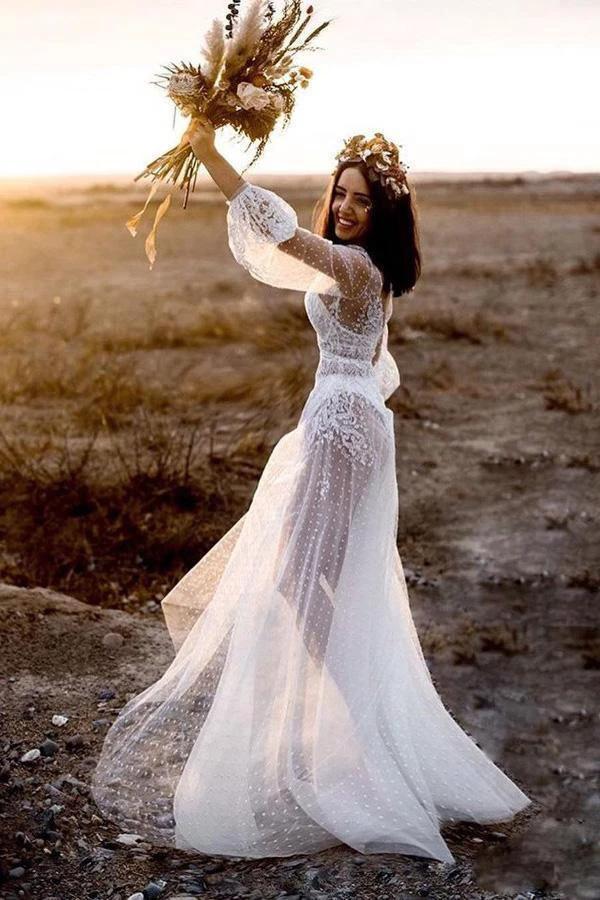 A-Line V-Neck Long Sleeves Beach Wedding Dress with Appliques (ZD16015)