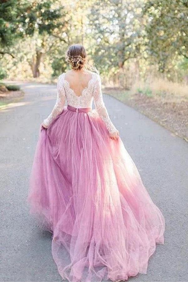 A-Line V-Neck Long Sleeves Pink Tulle Wedding Dress with Lace Appliques (ZD16249) - View 3 | VelvetHem