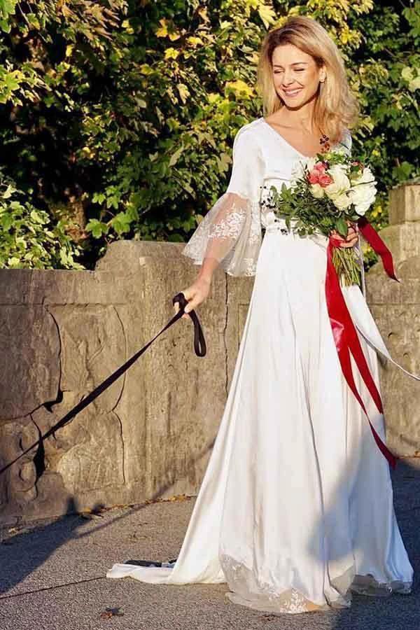 A-Line V-Neck Long Sleeves Satin Wedding Party Dress with Lace (ZD15393) - VelvetHem