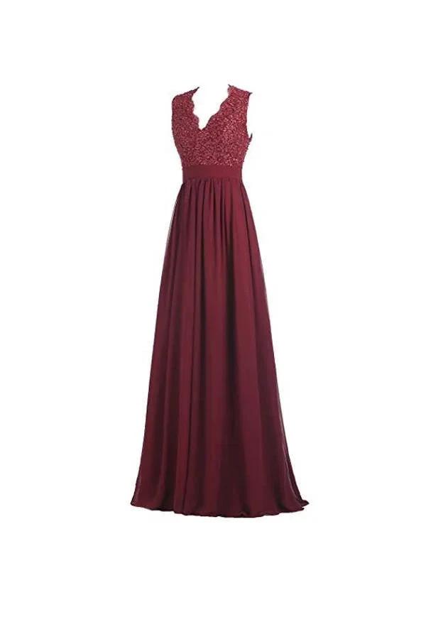 A-line V Neck Open Back Chiffon Long Evening Gown with Lace (ZD13163)