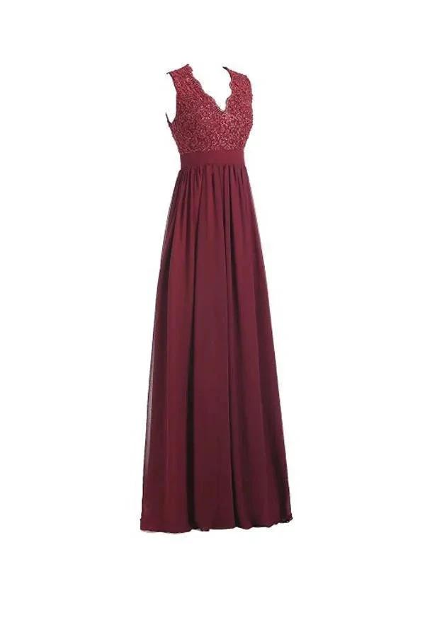 A-line V Neck Open Back Chiffon Long Evening Gown with Lace (ZD13163)