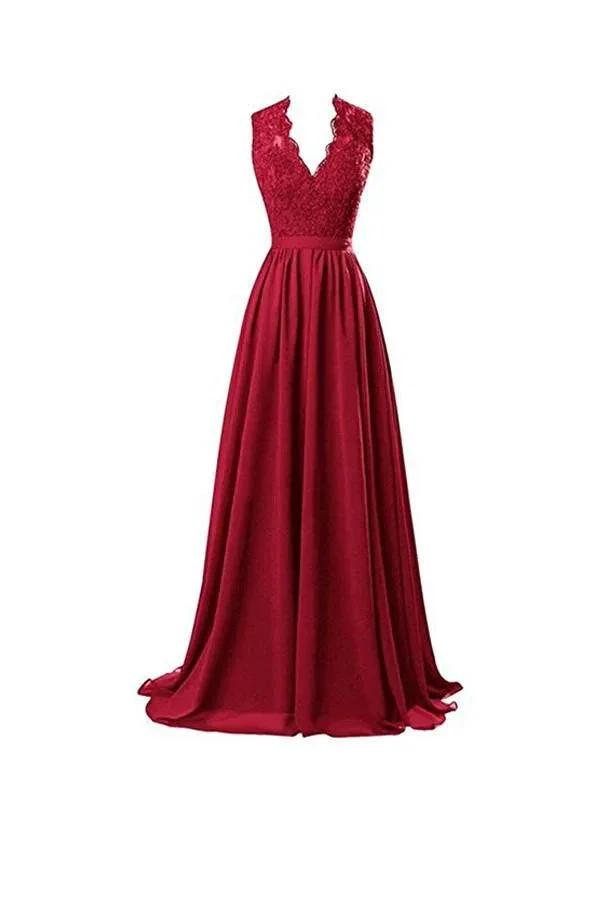 A-line V Neck Open Back Chiffon Long Evening Gown with Lace (ZD13163) - VelvetHem