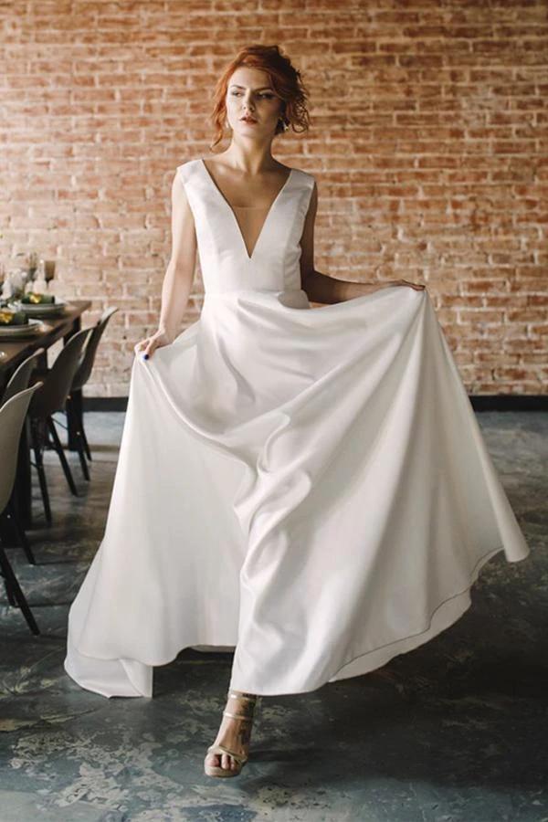 A Line V Neck Open Back Satin Long Wedding Dresses with Pockets (ZD15415)