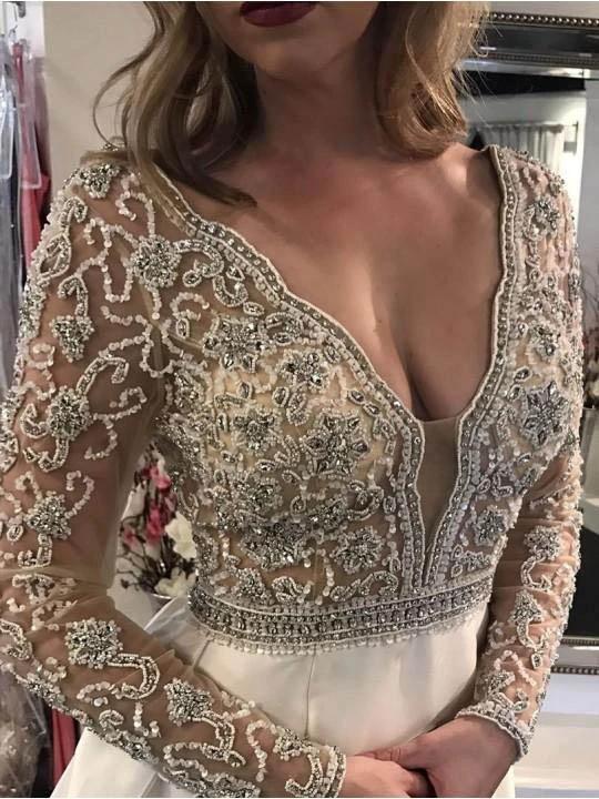 A-line V-neck See Through Bodice Beaded Long Sleeves Wedding Dresses (ZD15310)