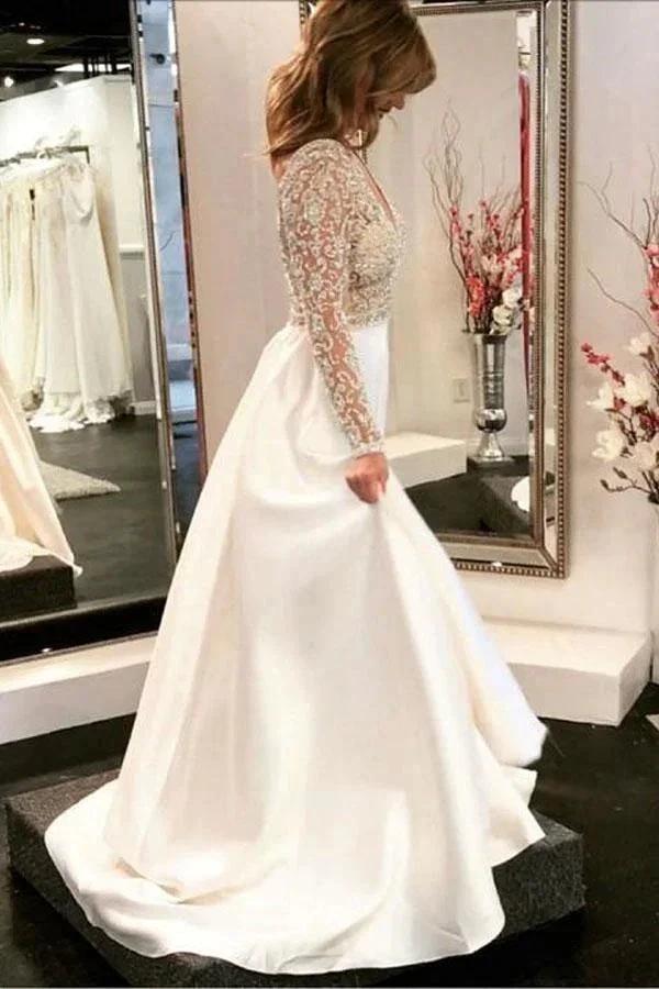 A-line V-neck See Through Bodice Beaded Long Sleeves Wedding Dresses (ZD15310)