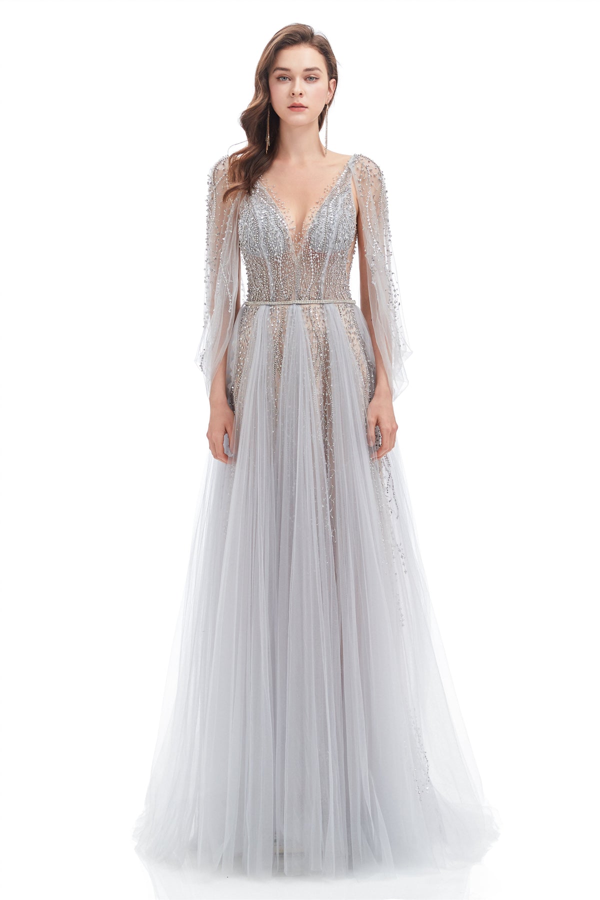 A-Line V-Neck Sequined Floor-Length Open Back Long Sleeve Appliques Lace Prom Dress