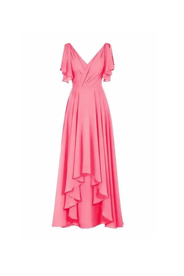 A-line V-neck Short Sleeves Floor Length Chiffon Bridesmaid Dress (ZD13193)