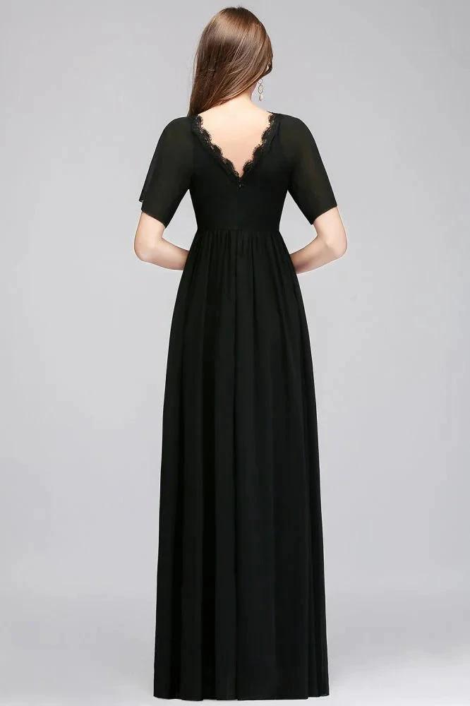 A-line V-neck Short Sleeves Long Black Chiffon Bridesmaid Dress (ZD13042)
