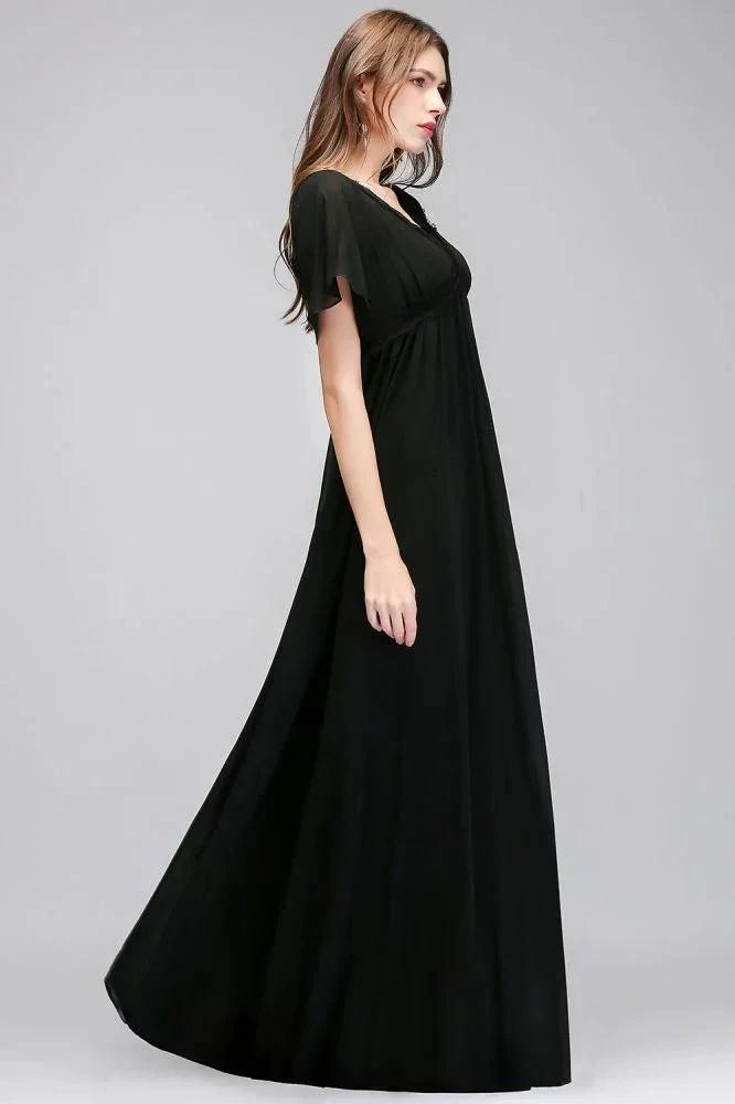 A-line V-neck Short Sleeves Long Black Chiffon Bridesmaid Dress (ZD13042)