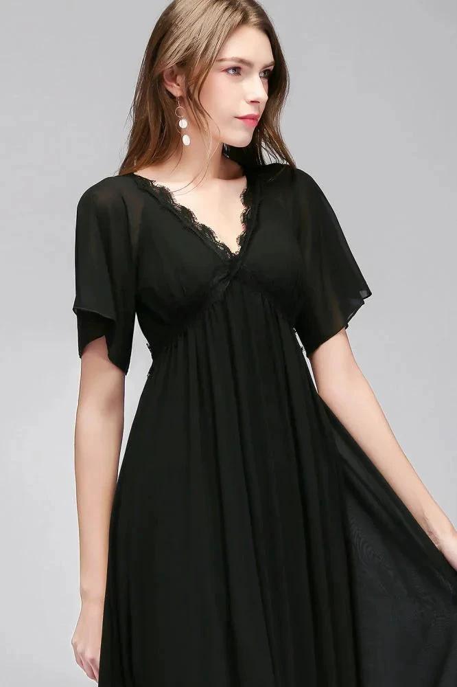 A-line V-neck Short Sleeves Long Black Chiffon Bridesmaid Dress (ZD13042)