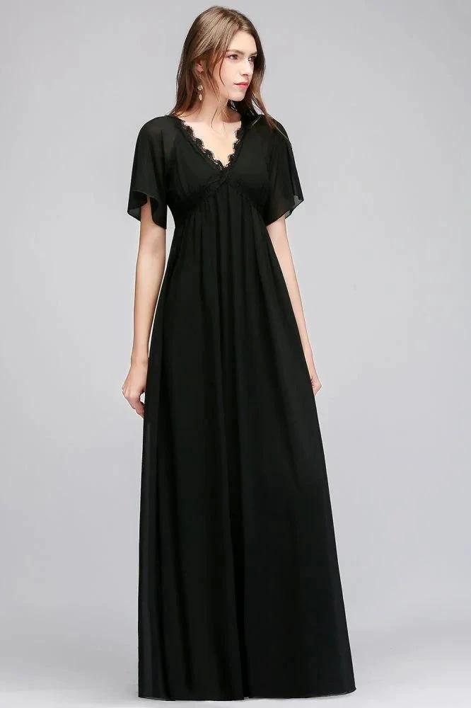 A-line V-neck Short Sleeves Long Black Chiffon Bridesmaid Dress (ZD13042)