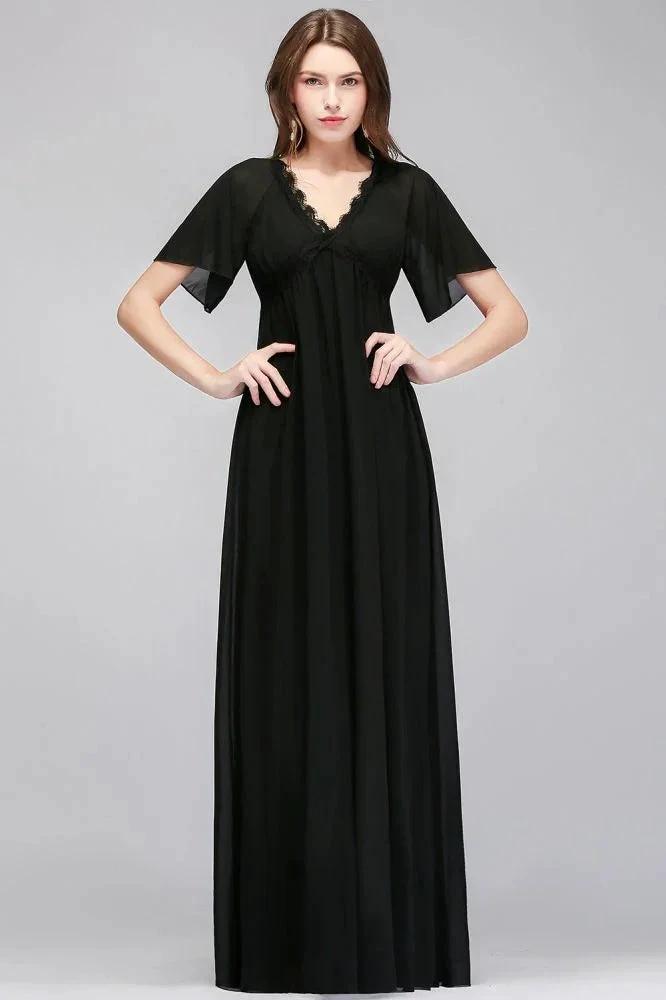 A-line V-neck Short Sleeves Long Black Chiffon Bridesmaid Dress by misshow.com