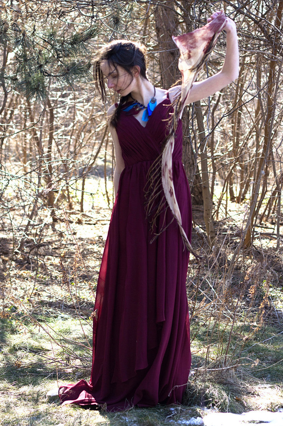 A-Line V-Neck Spaghetti Strap Floor-Length Chiffon Applique Evening Dress