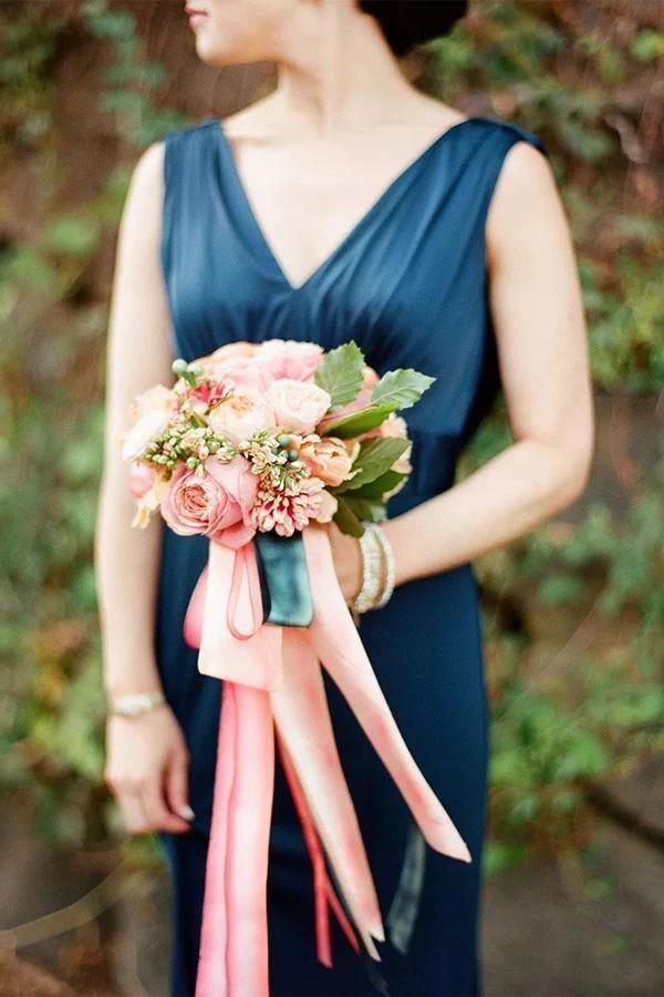 A-Line V-Neck Sweep Train Backless Navy Blue Bridesmaid Dress (ZD13254)