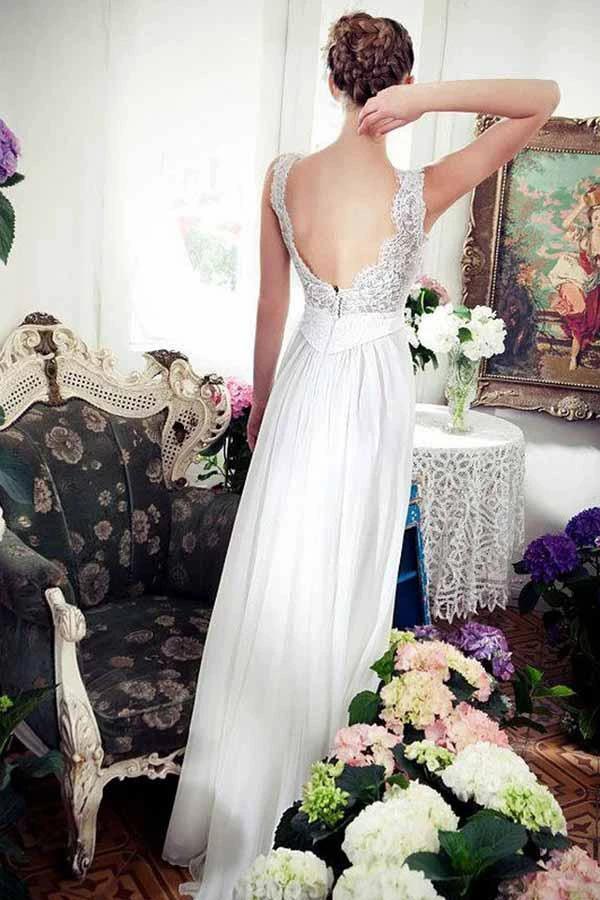 A-Line V-Neck Sweep Train Chiffon Beach Wedding Dress with Lace (ZD15483) - View 2 | VelvetHem