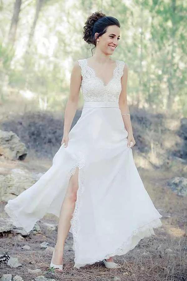 A-Line V-Neck Sweep Train Chiffon Beach Wedding Dress with Lace (ZD15483)