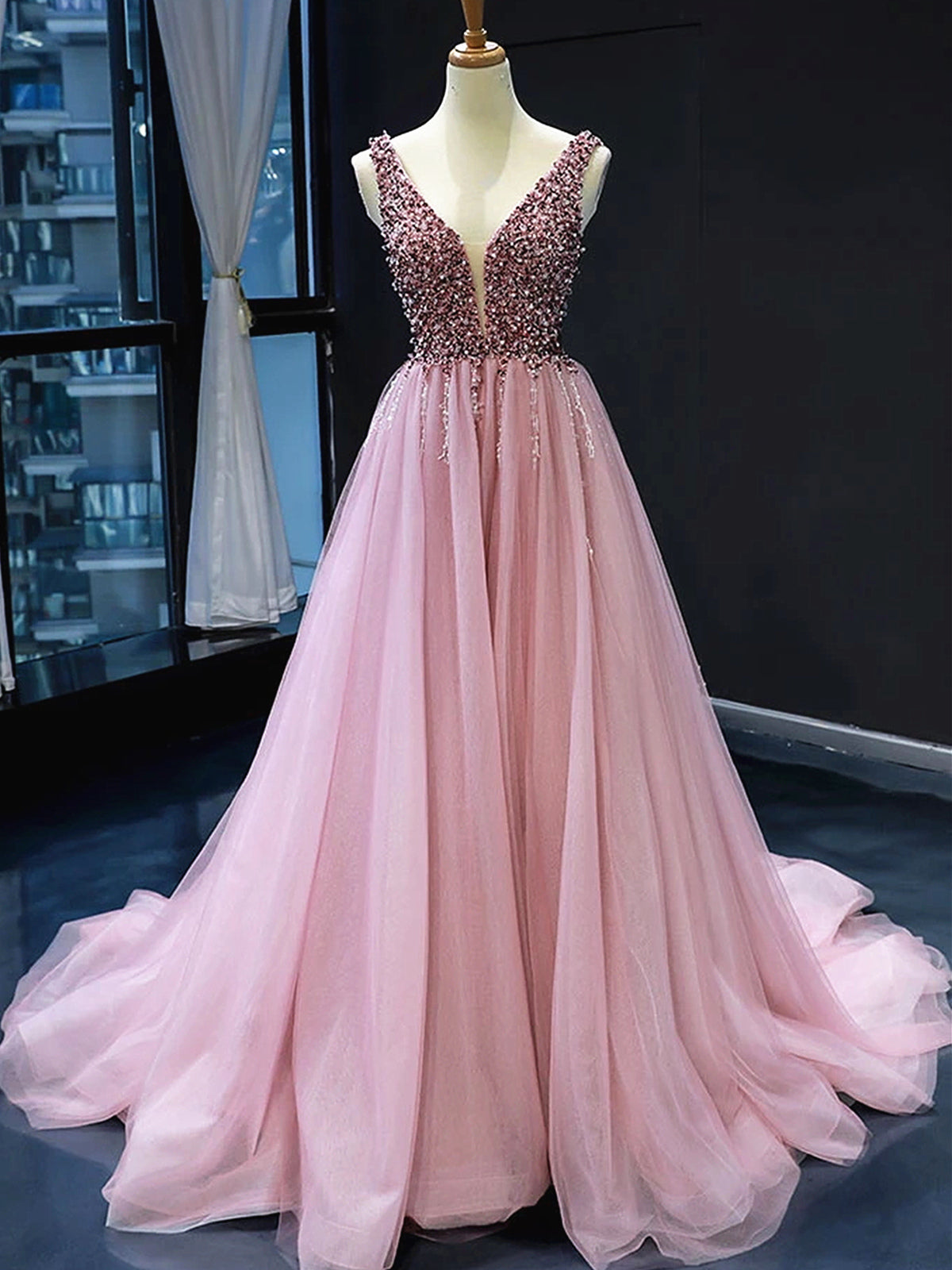 A Line V Neck Tulle Beading Long Formal Prom Dresses with Corset Back - VelvetHem