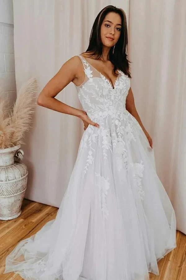 A-line V Neck Tulle Lace Appliques Romantic Wedding Dress Bridal Gown (ZD15296)